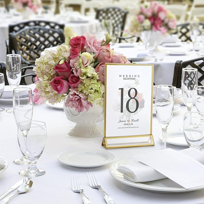 Smarpau Acrylic Gold Sign Holder 5x7,8 Pack Table Number Holders, Double-Sided Display Stand Picture Frames Menu Holder Flyer Stands Photo Holders for Wedding