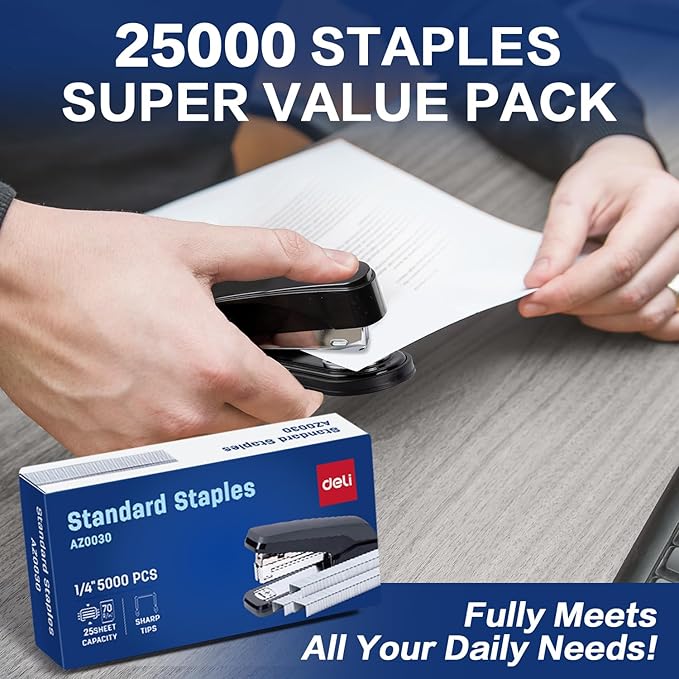 Deli Staples, 25000 Staples, Standard Staple for Desktop Staplers, 1/4'' Length, 210/Strip, 5 Boxes of 5000 Each
