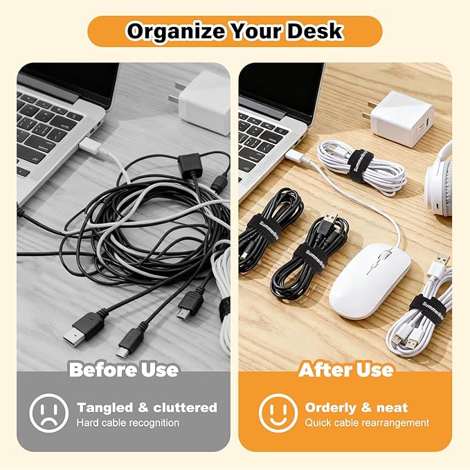 SummerBrite 70 Pack Black Cable Ties Assorted Sizes (4, 6, 8 Inch) with Writable Labels, Reusable Cord Organizer Straps, Hook & Loop Wire Management for PC Desk Setup, Home Office & Electronics