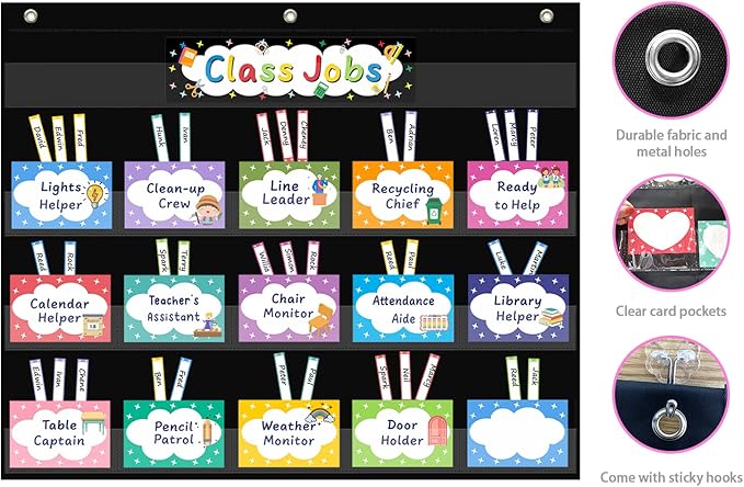 REGELETO Class Jobs Pocket Chart with 70 Colorful Dry Erase Cards and 3 Hooks,Class Management Educational Pocket Chart Teacher's Helper Size: 24.5”x21.8”inch Bulletin Board for Classroom (Black)
