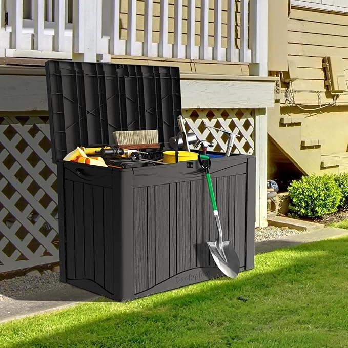 Yardgrace 50 Gallon Plus Outdoor Storage Box, Waterproof Resin Deck Box for Patio, Pool, and Garden, Lockable Bin for Cushions, Tools, and Accessories, UV-Resistant, Black