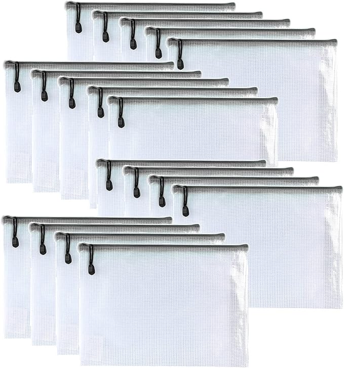 Oaimyy-18PCS-12 x 16 Inches-Mesh Zipper Pouch, Plastic Zip File Folders Puzzle Bags for Organizing,for Office Supplies,Travel,Home Storage-Black, 12"x 16"