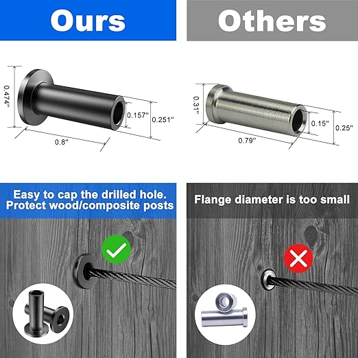 BLIKA 80 Pack Black Stainless Steel Protector Sleeves for 1/8" Deck Cable Railing, for Wood/Composite Posts, T316 Marine Grade, Black Cable Railing Protector Sleeves