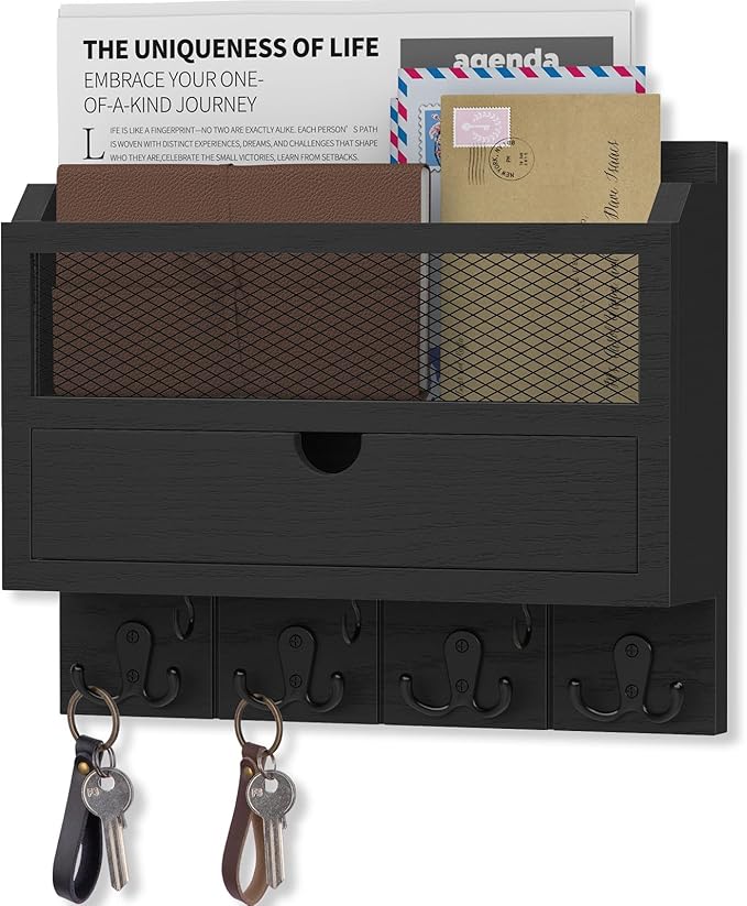 Nekon Mail Organizer with Drawer for Wall, 12"W x 10"H x 3.1"D Mail Sorter Wall Mounted, Wooden Key Holder Wall File Organizer Letter Sorter for Letter Magazines (Black)