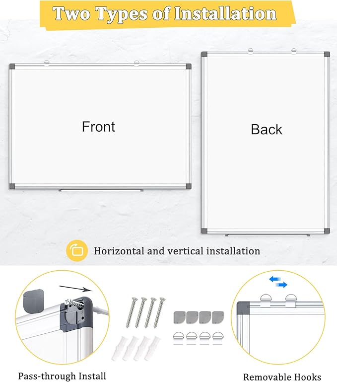 AMUSIGHT 2 Pack Double-Sided Magnetic Whiteboard, 36" x 24" Dry Erase Board, Aluminum Frame White Board for Wall, Hanging Mounting White Board Dry Erase Marker Board for Office, School, Home