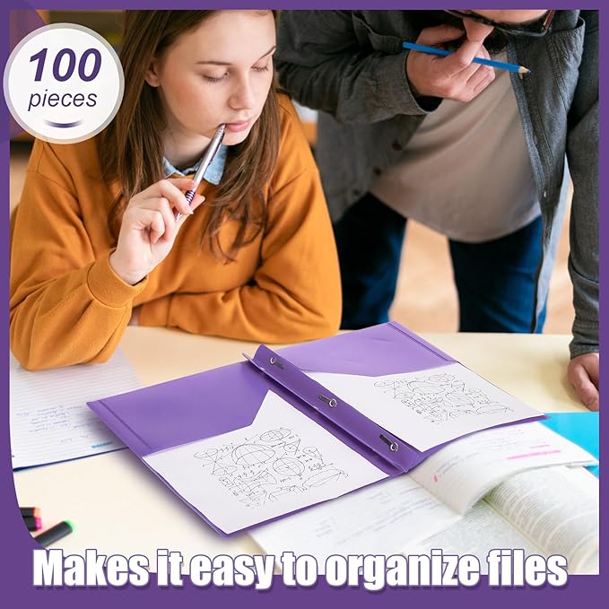 Lincia 100 Pcs Plastic Folders with Pockets and Prong Folders with Prongs 2 Pockets for Office, School for Students, Teachers, Office Workers(Purple)