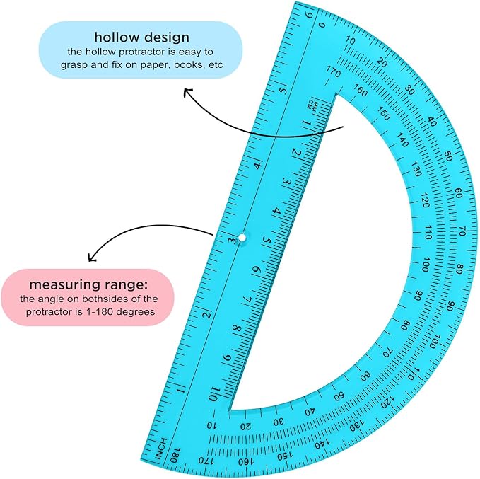 Zonon 12 Pack 6 Inch Plastic Protractor Christian Charity Donation 180 Degrees Pink Blue Clear Protractors for Classroom School Math Teacher Student Office Supplies Christmas Operation Gifts