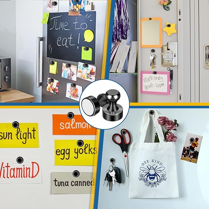 LOVIMAG 16Pcs Strong Fridge Magnets,Black Refrigerator Magnet, Push Pin Magnets,Strong Whiteboard Magnet for Map Pins, Kitchen, Office, School, Adults,Thumb Tacks Magnets,Dry Erase