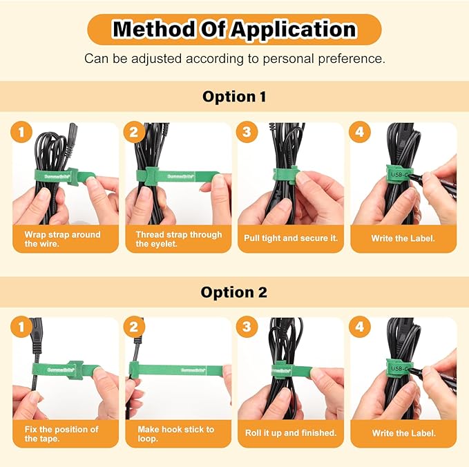 SummerBrite 70 Pack Assorted Cable Ties (4, 6, 8 Inch) Multi-Color with Writable Labels, Reusable Cord Organizer Straps, Hook & Loop Wire Management for Electronics, Home Office, PC Desk & Travel