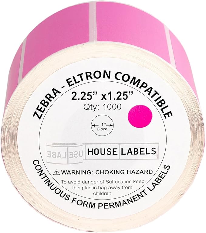HOUSELABELS 2.25" x 1.25" Pink Address Labels on 1" Core Compatible with Zebra and Rollo Printers, 50 Rolls / 1,000 Labels per Roll