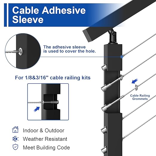 BLIKA 60Pack Cable Railing Adhesive Sleeves for 1/8" 5/32" 3/16" Wire Rope Cable, T316 Stainless Steel, 2.8mm Thickness Cable Railing Protector Adhesive Sleeves for Deck Stair Cable Railing Post Kits
