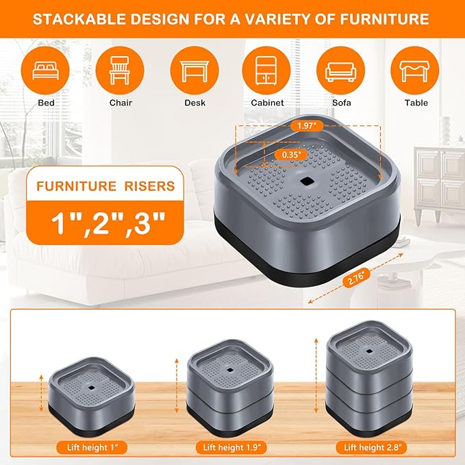 shouwuhho 16 Pack Furniture Risers Adjustable Bed Risers Heavy Duty Lifts Height 1", Square Stackable Bed Risers 1, 2 or 3 Inch for Desk Leg Table Couch Sofa Chair Bed Frame Legs Dorm, Gray