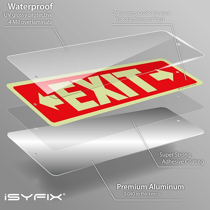 iSYFIX Exit Signs with Directional Right & Left Arrow, Glow in the Dark, Photoluminescent Aluminum 12x4 Inch - 2 Pack, Laminated for UV & Weather Resistance, Ideal for Offices, Schools, Theaters & More