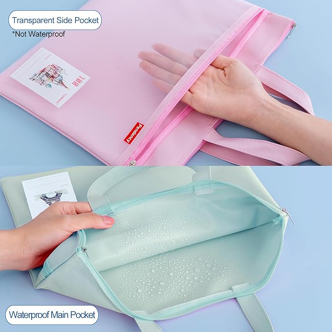 Pendancy Mesh Zipper Pouch 11x13.7 in, 2 pcs Large Double Pocket Waterproof File Bag with Handle, A4 Size Foldable Document Storage for Puzzle Project/Cross Stitch/Travel/Office（Gray Green）