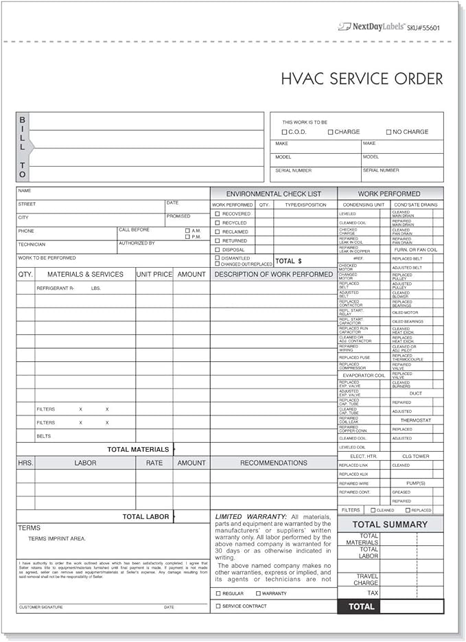 HVAC Service Order Invoice & Repair Detail Form, 3 Part Forms Carbonless (No Company Name Printed) 100 Sets