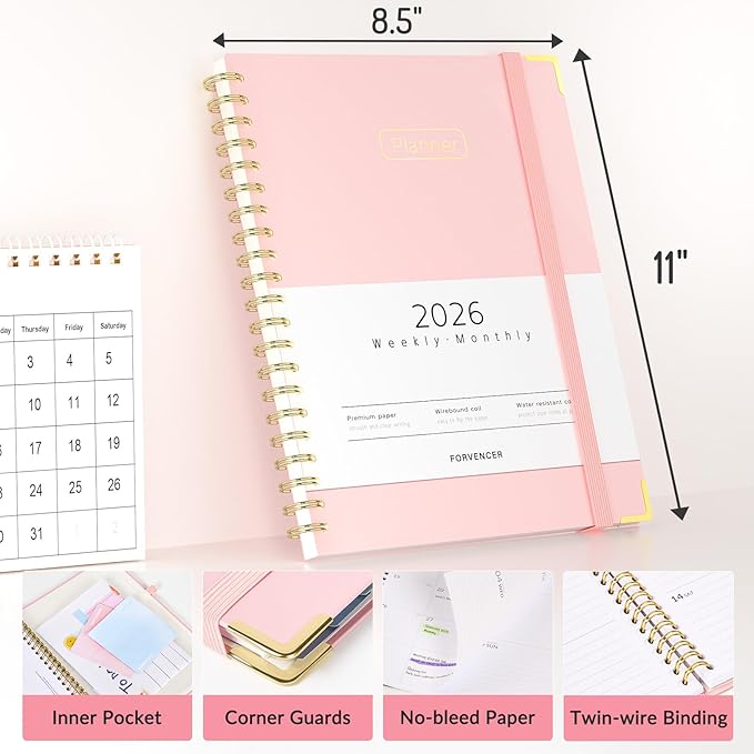 Forvencer 2026 Planner, Hardcover Calendar Planner Weekly and Monthly, Jan 2026 - Dec 2026, 8.5" x 11", Spiral Agenda Book with Tabs, Exquisite Daily Journal Organizer for Home School, Purple
