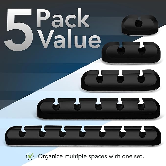 Cable Organizer Clips 5-Pack – Strong Adhesive Cord Holders for Desk, Wall & Home – Mixed Slot Sizes (1, 2, 3, 5, 7)