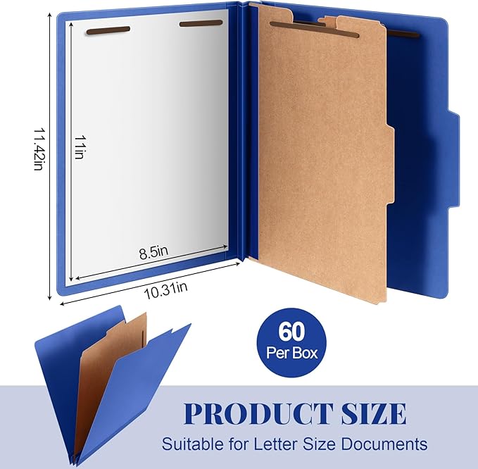 Skyygemm 60 Pcs Classification Folders Letter Size, 1 Divider Pressboard File Folder with Fasteners, Expanding File Organizer Bulk for School Teachers, Office Employee, Coworker, Staff (Dark Blue)