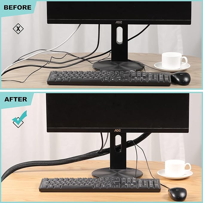 AGPTEK Cable Sleeve Cover, 20ft - 1.2 inch Desk Cord Organizer Cable Hider, Home Office Wire Management Computer TV Wire Loom Tubing, Pet Proof Cord Protector, from Cat Dog Chewing, Black