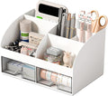 COMFYROOM Desk Organizer with 6 Compartments and 2 Drawers, Plastic Makeup Organizer, Pen Holder for Desktop Storage, Desk Organization for School, Home, Office Supplies (White)