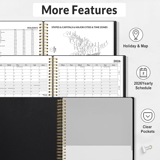 SUNEE 2026 Appointment Book, Quarter-Hourly, Weekly & Monthly - from January 2026 - December 2026, 6.4"x8.3" Weekly Planner, Flexible Cover, Note Pages, Pockets, Bookmark, Spiral Binding, Black