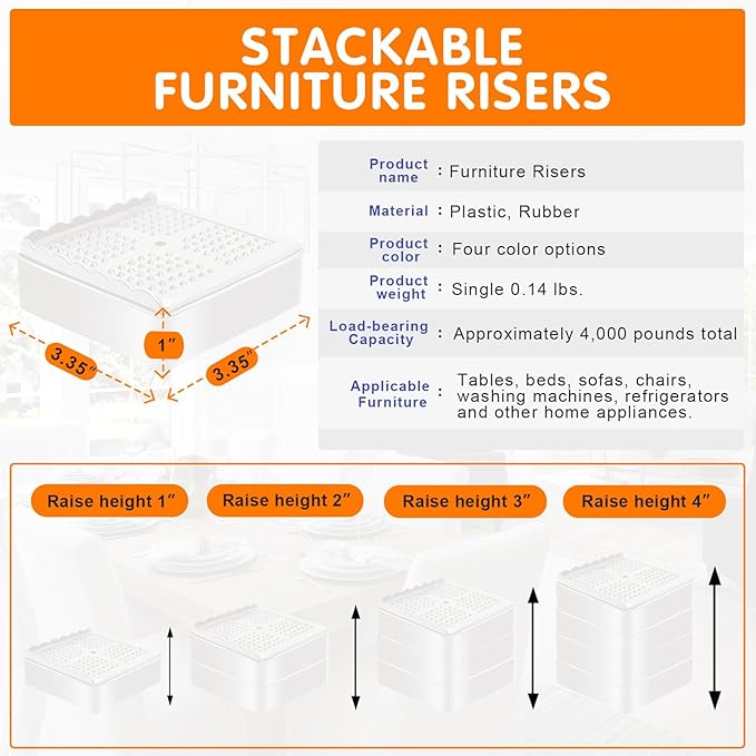 shouwuhho Furniture Risers, 4 Pack Bed Risers with Non-Slip Grip and Heavy Duty Support, 1 Inch 2 Inch 3 Inch 4 Inch Height Lift for Couch, Sofa, Table, Desk, Chair, Refrigerator - White, 1 Inch