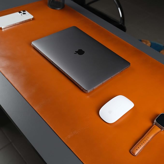TORONATA Jersey Genuine Calfskin Leather Desk Pad, Office Desk Mat with Non-Slip Bottom, Smooth Surface for Mouse & Keyboard, Desk Protector (14.6x31.5 inches) (Tan)