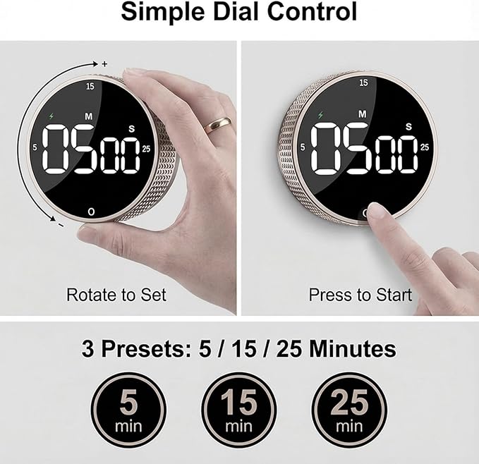 Rechargeable Magnetic Kitchen Timer,LED Countdown/Up Timer, Supports USB-C Charging,with Loud Alarm,3 Preset Quick Times(5/15/25m),Perfect for Kitchen Cooking, Studying, and Fitness (Brown)