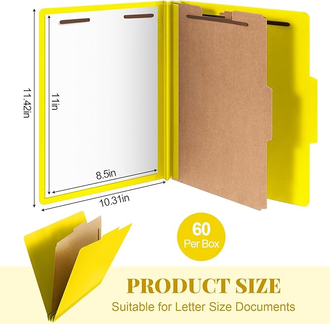 Skyygemm 60 Pcs Classification Folders Letter Size, 1 Divider Pressboard File Folder with Fasteners, Expanding File Organizer Bulk for School Teachers, Office Employee, Coworker, Staff (Yellow)