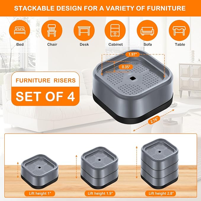 shouwuhho 4 Pack Furniture Risers Adjustable Bed Risers Heavy Duty Lifts Height 1", Square Stackable Bed Risers 1, 2 or 3 Inch for Desk Leg Table Couch Sofa Chair Bed Frame Legs Dorm, Gray