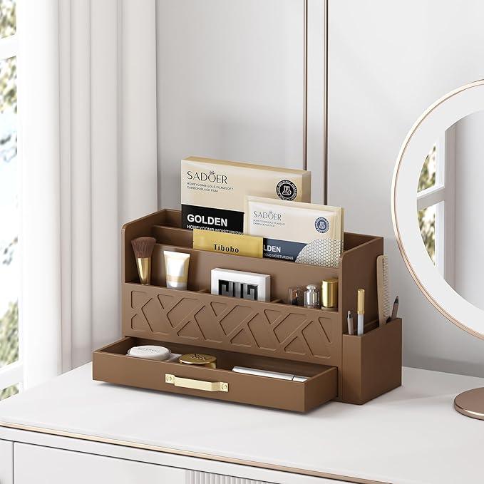 Wisuce Home Bamboo Desktop Organizer with Drawer,Bill & Mail Organizer for Office Desk, Wall Mounted and Countertop Mail Sorter,Workspace Storage Accessories Organizer for File Letter （Brown）