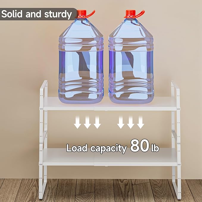 jkxoo 16.5-27’’L Expandable Cabinet Shelf Organizers, Stackable Metal Shelves Extender for Kitchen Countertop Storage, Adjustable Spices Shelves Rack Stand for Cupboard Pantry, White