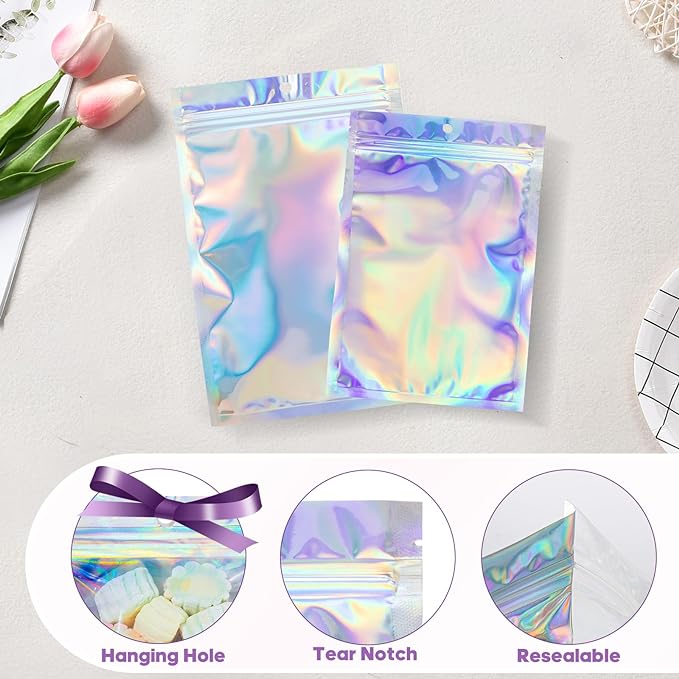 5.5x7.8 inch Holographic Packaging Bags, Resealable Foil Pouch Mylar Sample Bag Great for Small Business and Party Favor Food Storage（50 Pcs-5.5x7.8 in）Holographic Color