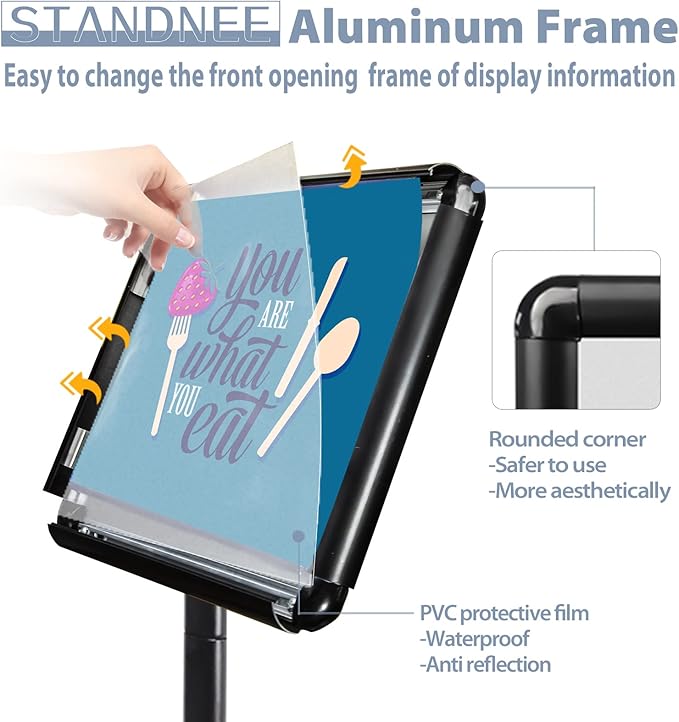 STANDNEE Poster Stand Holder Pedestal Floor Standing Sign Holder 11"x 17" Vertical and Horizontal View Sign Display, Aluminum Snap Open Frame with Safety Corner (Black, 3Packs)