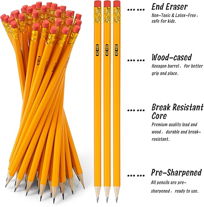 IKAYAS 200 Pack Yellow Sharpened Pencils with Erasers for Kids, 2 Pre-sharpened Number 2 Pencils for Classroom and Office, Writing, Drawing and Sketching (Wood-Cased)