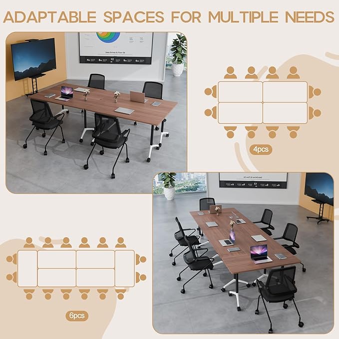 Folding Conference Table 4ft 5ft, Foldable Office Meeting Desk for 6 People, Multiple Sizes Colors Mobile Conference Room Table for Training Room School Business Furniture (2, Walnut, 71in)