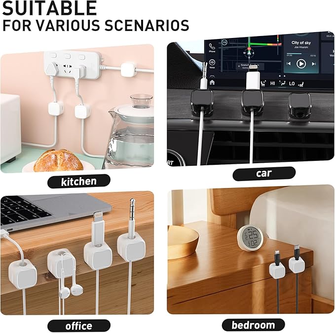 12 Pack Cable Clips, Cord Organizer, Cord Holder for Nightstand, Magnetic Cord Organizer, Strong Adhesive Charging Cable Keeper, Clip Holder