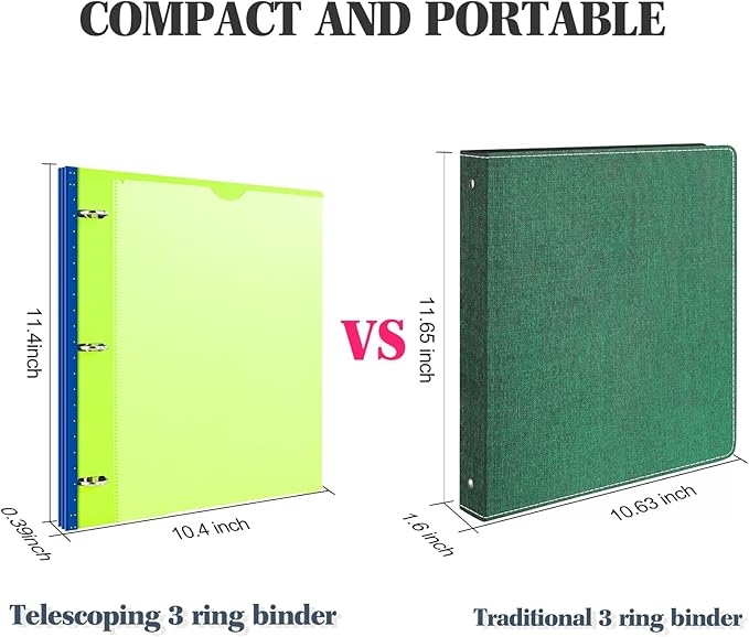 INFUN 1 Inch Telescoping 3 Ring Binder - 4PCS, Flexible Round Binder with Customizable Front Cover and Clear Catalog Pocket, 1 Inch Rings, 225 Sheet Capacity- Green, Red, Orange, Blue