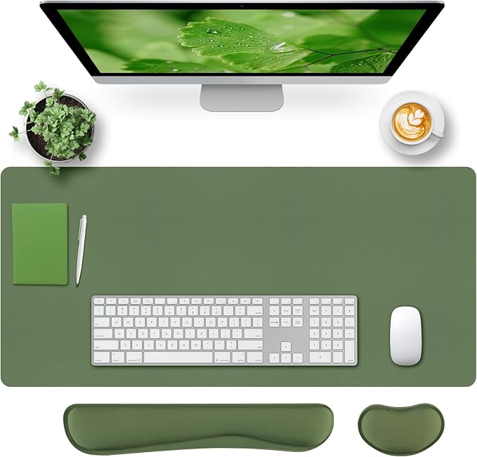 Bloss Keyboard Wrist Rest + Mouse Wrist Rest + Leather Desk Mat, Non-Slip Desk Mat Protector for Office, Home(31.5×15.7 Inches,Olive Green)