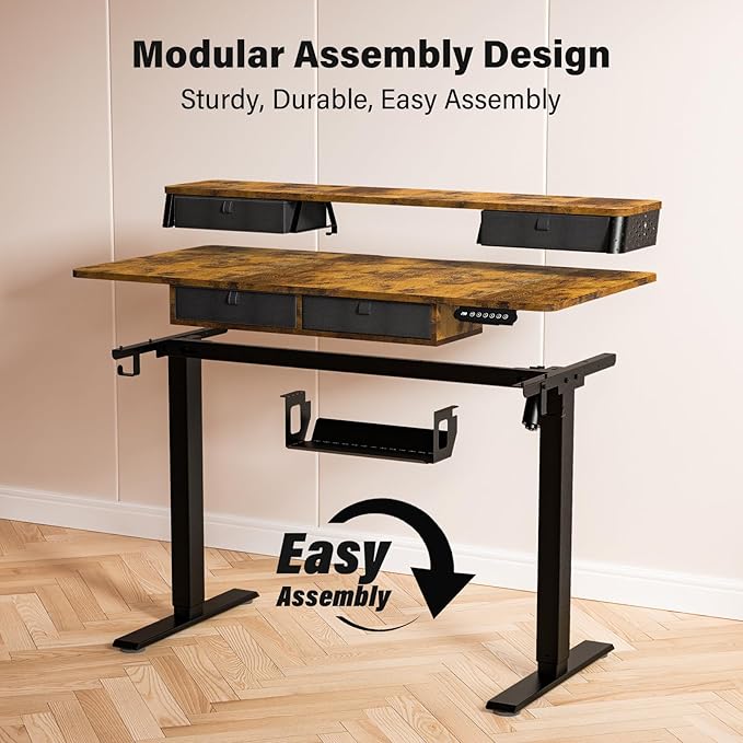 Kingant 48 x 24 Inch Electric Standing Desk with 4 Drawers, Height Adjustable Sit to Stand Computer Desk with Storage Shelf and C-Clamp Mount Compatibility for Home Office, Rustic Brown