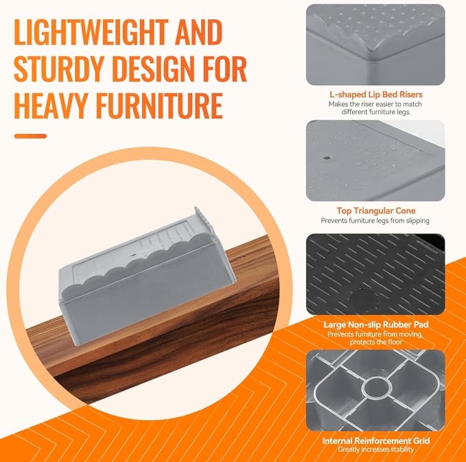 Furniture Risers, 4 Pack Bed Risers with Non-Slip Grip and Heavy Duty Support, 1 Inch 2 Inch 3 Inch 4 Inch Height Lift for Couch, Sofa, Table, Desk, Chair, Refrigerator - Gray, 1+1+1 Inch