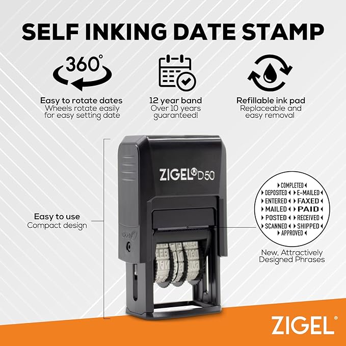ZIGEL D50 Date Stamp with Shipped - Self Inking Date Stamp - Blue