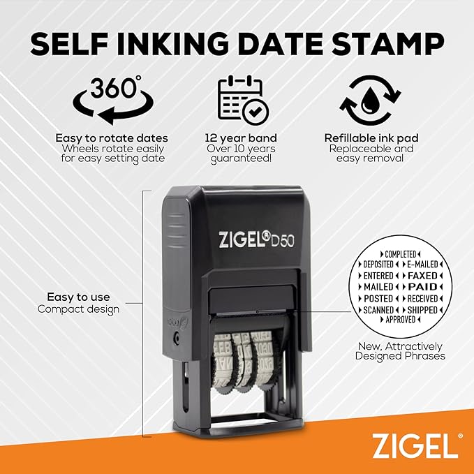 ZIGEL D50 Date Stamp with MAILED - Self Inking Date Stamp - Red
