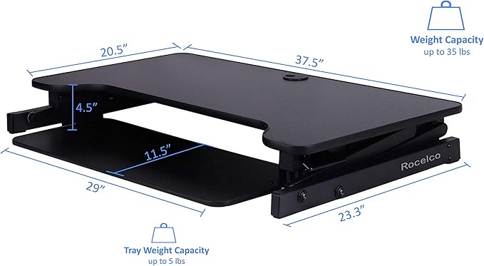 Rocelco 37.5" Deluxe Height Adjustable Standing Desk Converter with Anti Fatigue Mat BUNDLE - Quick Sit Stand Up Computer Workstation Riser - Large Retractable Keyboard Tray - Black (R DADRB-MAFM)
