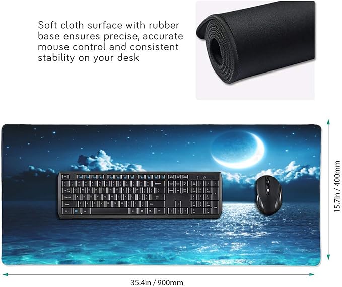 CANFLASHION Gaming Mouse Pad,Large Mouse Pads for Desk,Non-Slip Rubber Base Extended Mousepad,XXL Keyboard Mouse Mat,Computer Keyboard Desk Pad with Stitched Edges,35.4x15.8inch,Romantic Moon On Sea