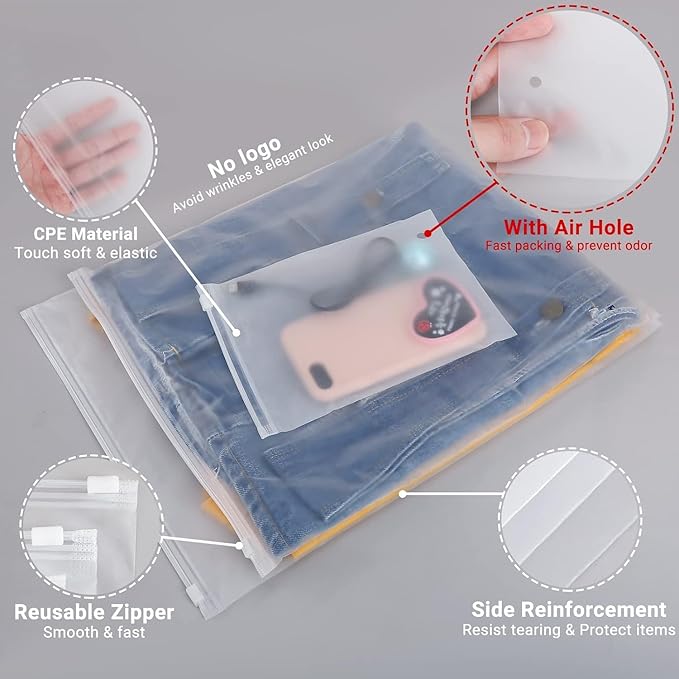 Svaldo Clothes Packaging Bags for Shipping, 200 Count 10x13 inch Frosted Zipper Plastic Bags for Clothing, Clear Plastic Apparel Bag for Packaging T-Shirt, Shirt, Document, 3 Mil, with Vent Holes