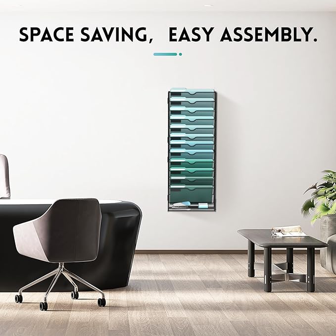 SUPEASY 13-Tier Wall File Organizer, Hanging Wall Files for Papers, Folders, Magazines, Wall Organizer for Clipboard, Assembly Needed, Black