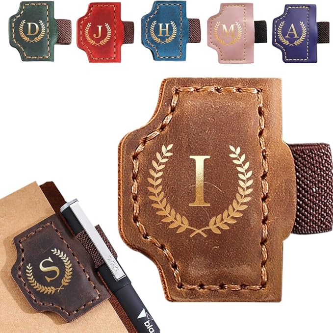 Personalized Bygone Mark Bookmark with Pen Holder, Leather Magnetic Bookmark 26 Letters,Gifts for Book Lovers, Readers, Leather Book Marks for Men Women (Brown, I)