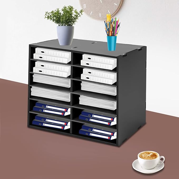 12 Slots Mail Sorters for Office, PVC Literature Organizer with Removable Shelves, Desktop Mail Center Paper Storage Cabinet for Files Magazines Documents, 8.9 * 2.3in Each Slot (12 Slots - Black)