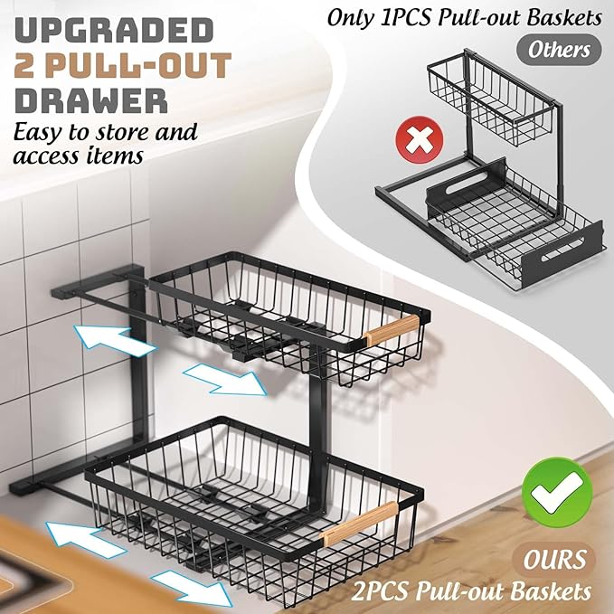 Dihmpor Under Sink Organizer and Storage, 2 Pack Slide Out Under Cabinet Storage Pull Out Sink Shelf Cabinet Storage Shelves, Undersink Organizers for Kitchen Bathroom Cabinet